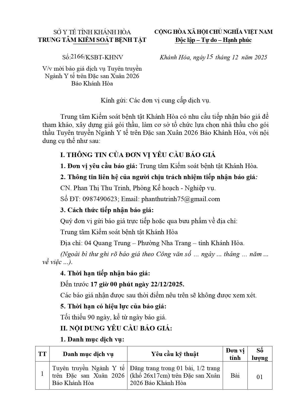 V/v mời báo giá dịch vụ Tuyên truyền Ngành Y tế trên Đặc san Xuân 2026 Báo Khánh Hòa